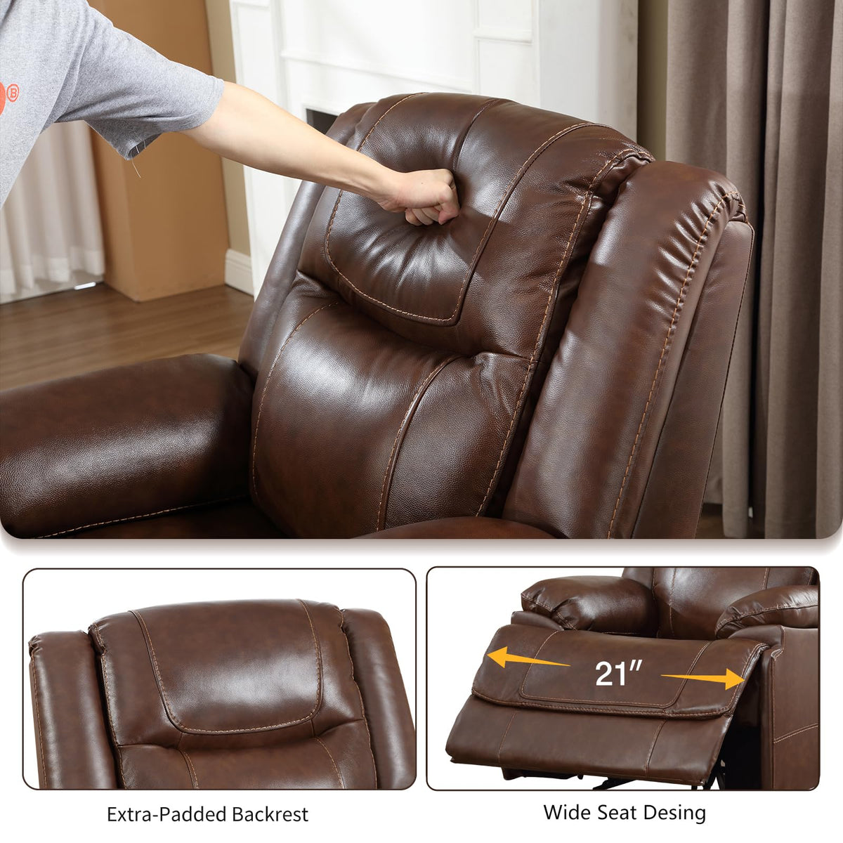 Genuine Leather Manual Recliner Sofa Furniture Set, Included Single Recliner Chair and 3 Seat Sofa, Modern Durable