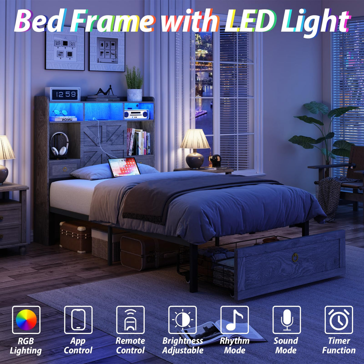 Bed Frame with Storage Headboard, Farmhouse Wood Bed Frame with 3 Drawers, LED Light & Charging