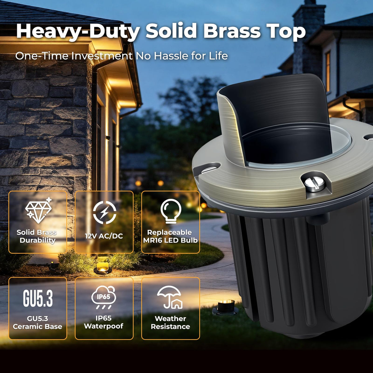 Brass Well Lights Outdoor 12-Pack, 12V Shielded LED Low Voltage In-Ground Landscape Lighting for Yard, Waterproof