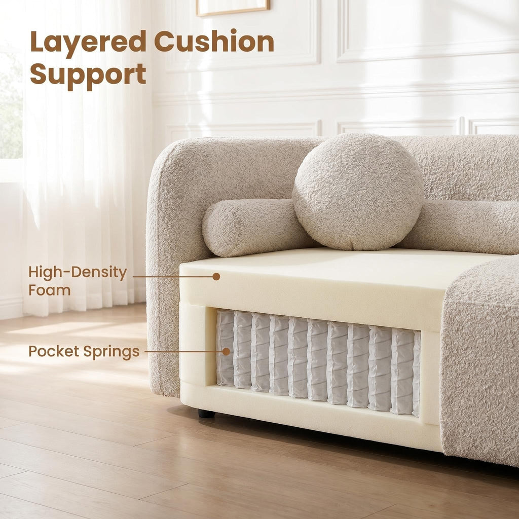 3-Piece Curved Sofa Set, Beige Boucle with Swivel Chairs