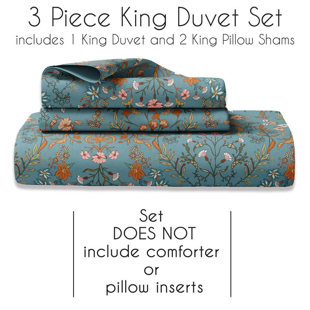 Boho Bohemian Farmhouse Teal Blue and Orange Wildflower Garden Floral Duvet Comforter Cover and Sham 3 pc