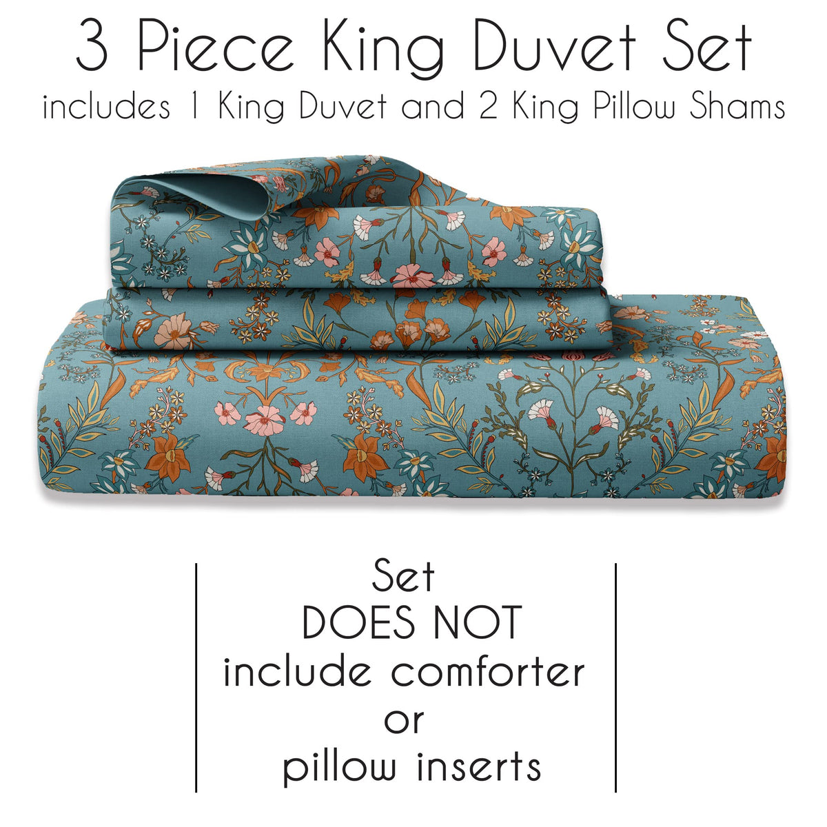 Boho Bohemian Farmhouse Teal Blue and Orange Wildflower Garden Floral Duvet Comforter Cover and Sham 3 pc