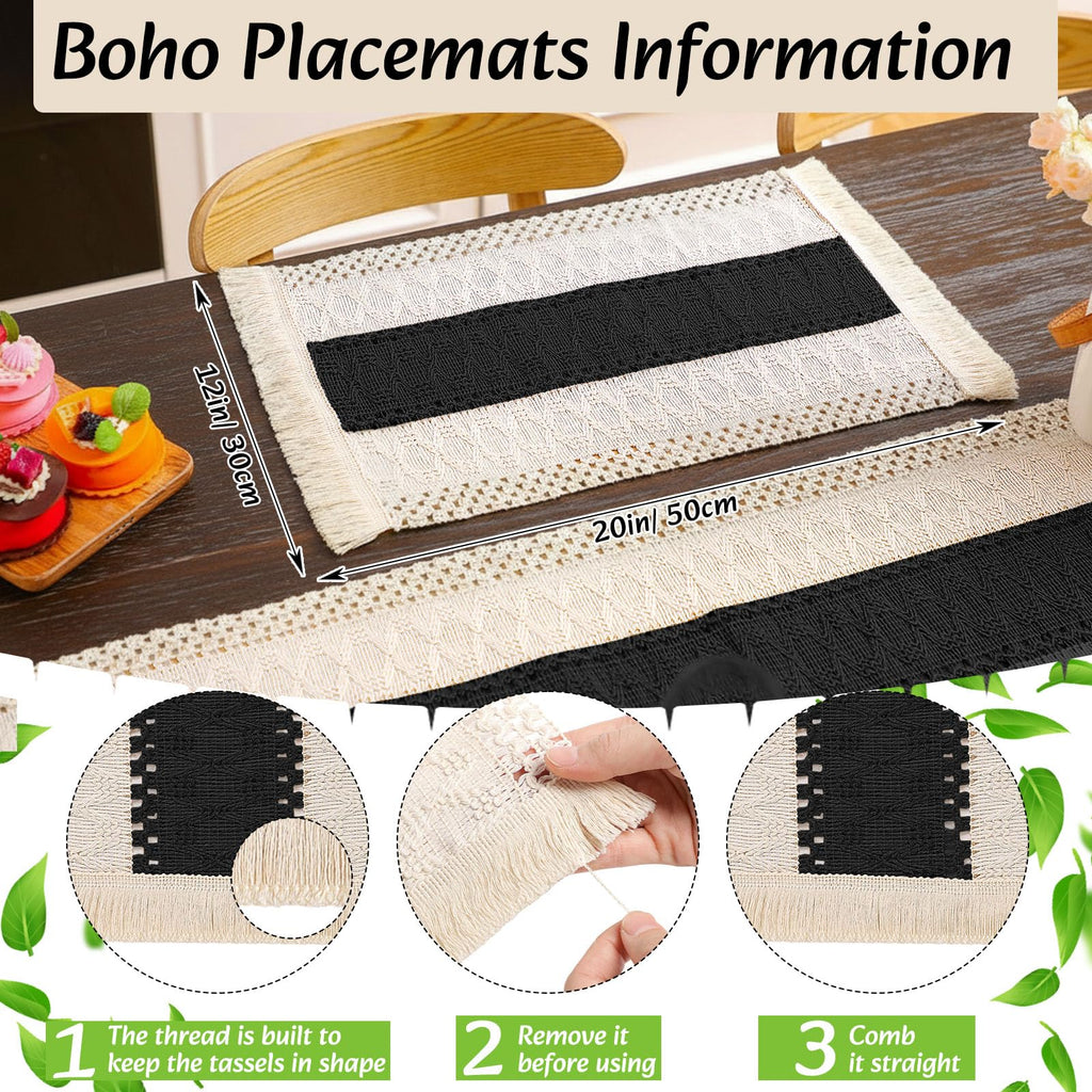 6 Sets Boho Table Runner and Woven Round Placemats Set, Black, 12x72