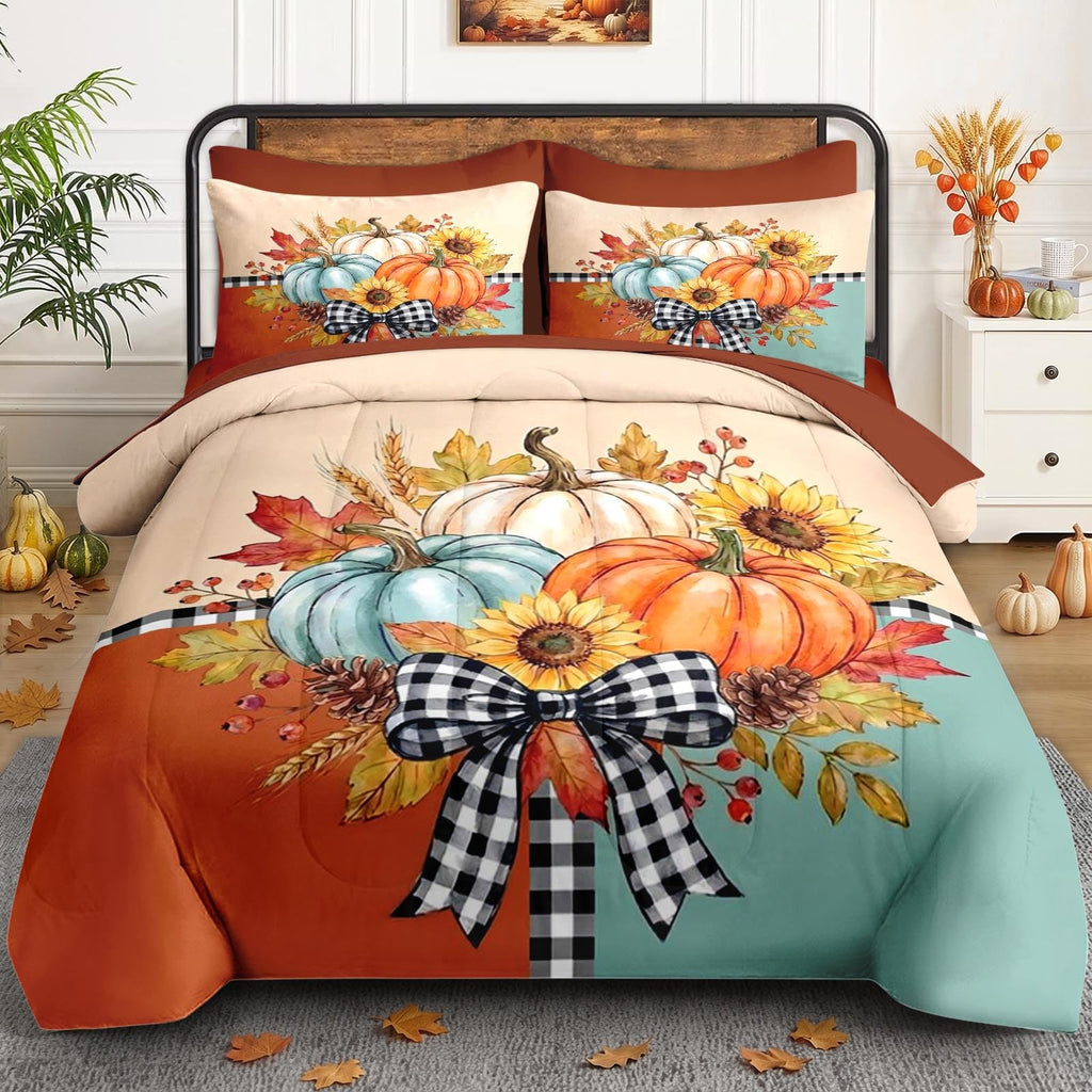 7 Pcs Fall Comforter Set, Farmhouse Pumpkin Autumn Bedding