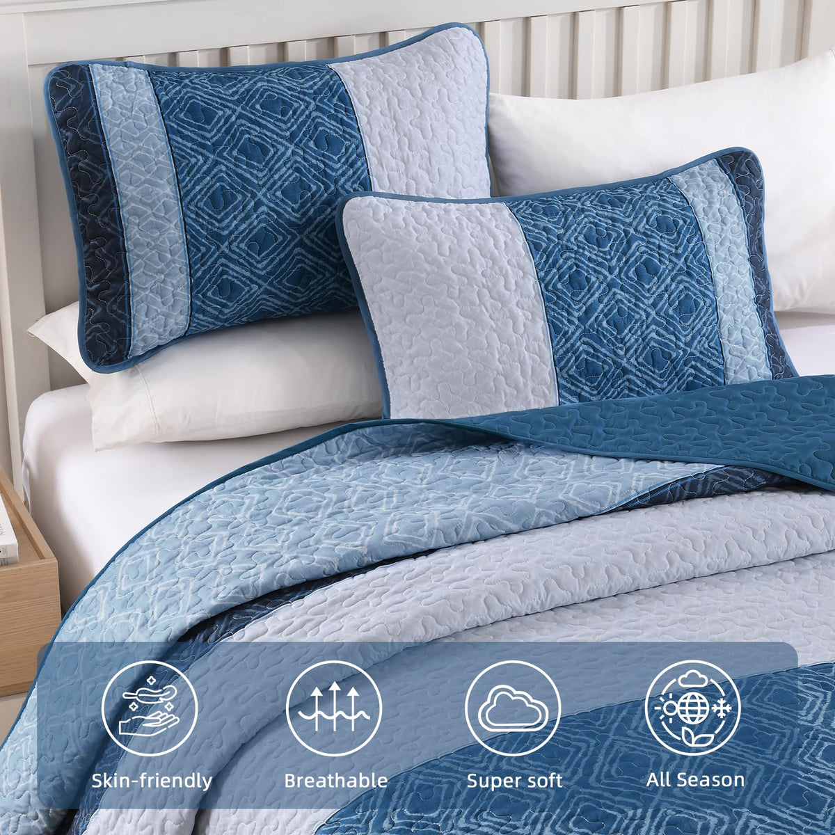 Navy Blue Quilt Set, Striped Plaid Bedspread Coverlet Set