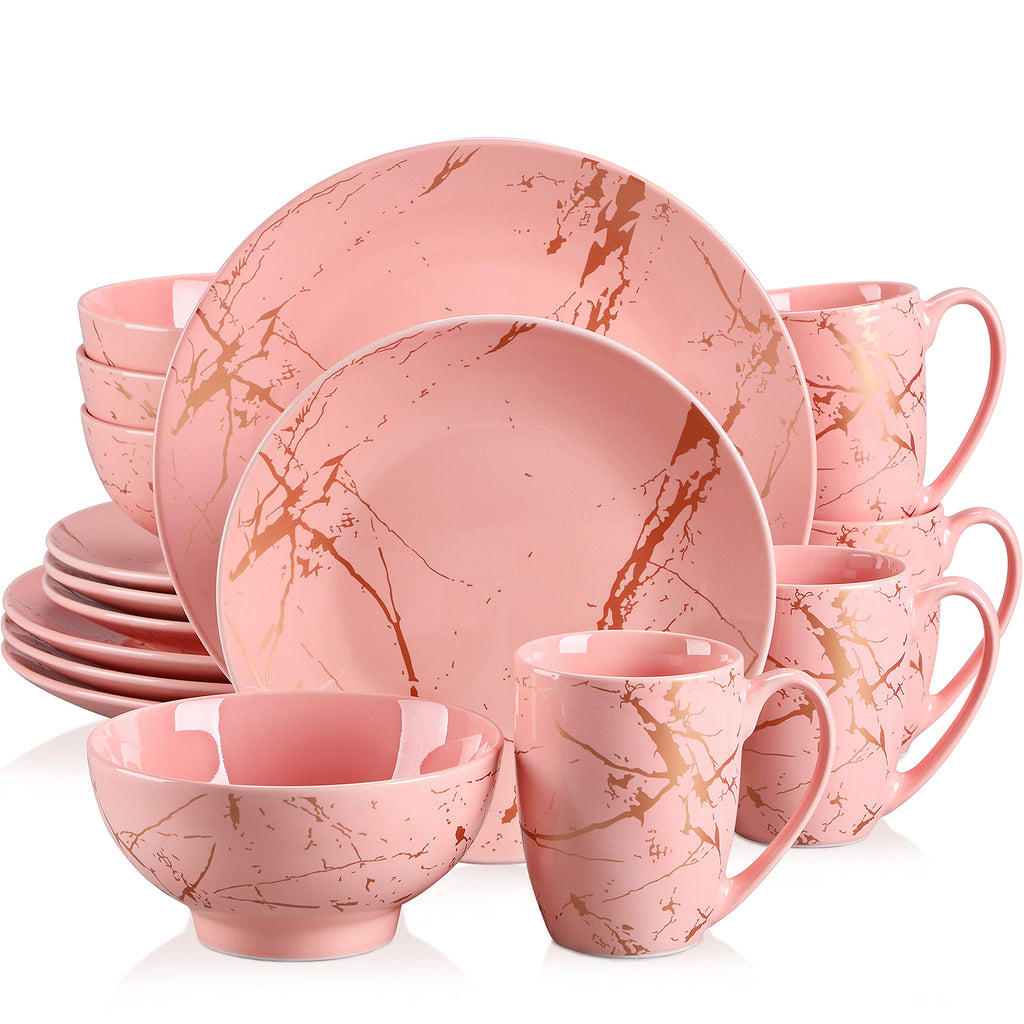Pink Dinnerware Set for 4, 16 Piece Porcelain Dish With Plates, Bowls and Mugs, Gold Splash Glaze Round Modern