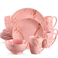 Pink Dinnerware Set for 4, 16 Piece Porcelain Dish With Plates, Bowls and Mugs, Gold Splash Glaze Round Modern
