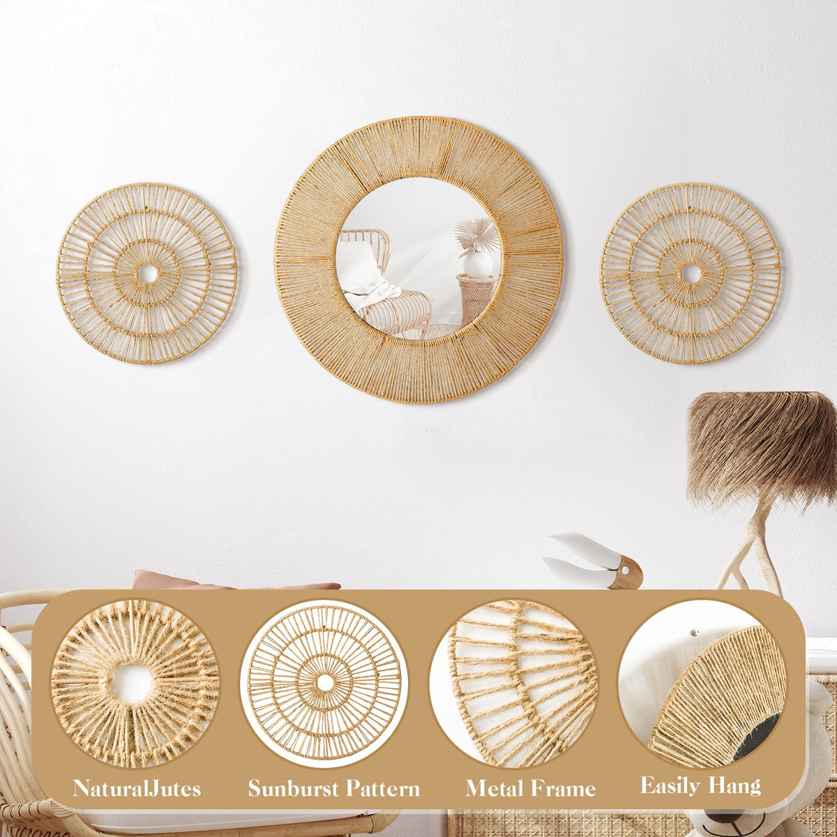 3 Pcs Boho Mirror Wall Decor, Natural Jute Woven Round Mirror, 19.7" Large Decorative Mirrors with 2 Wall Art