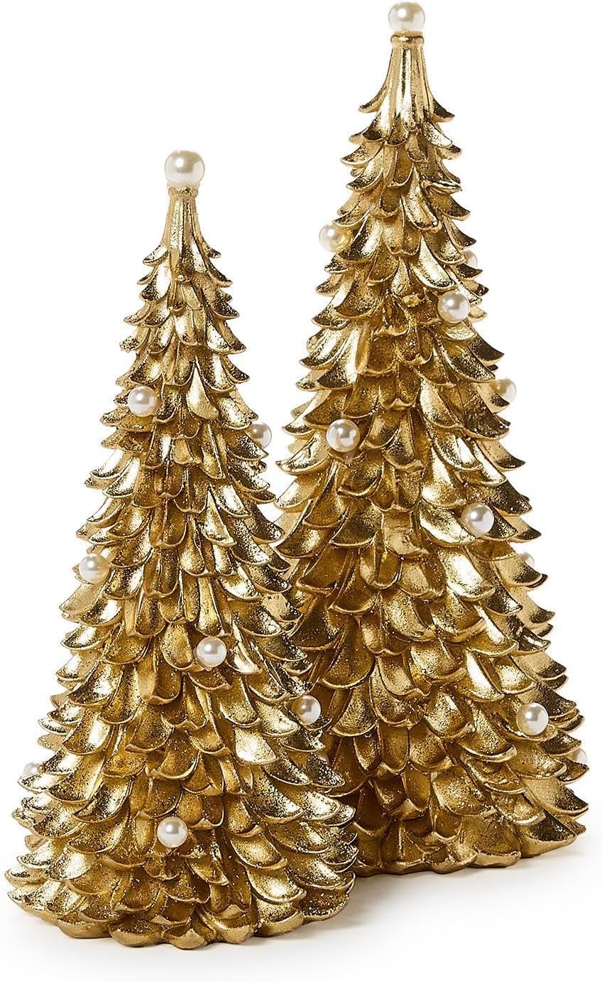 Tree with Pearl Accent Figurine, Set of 2, 10-12-inches Height, Gold, Resin/Plastic