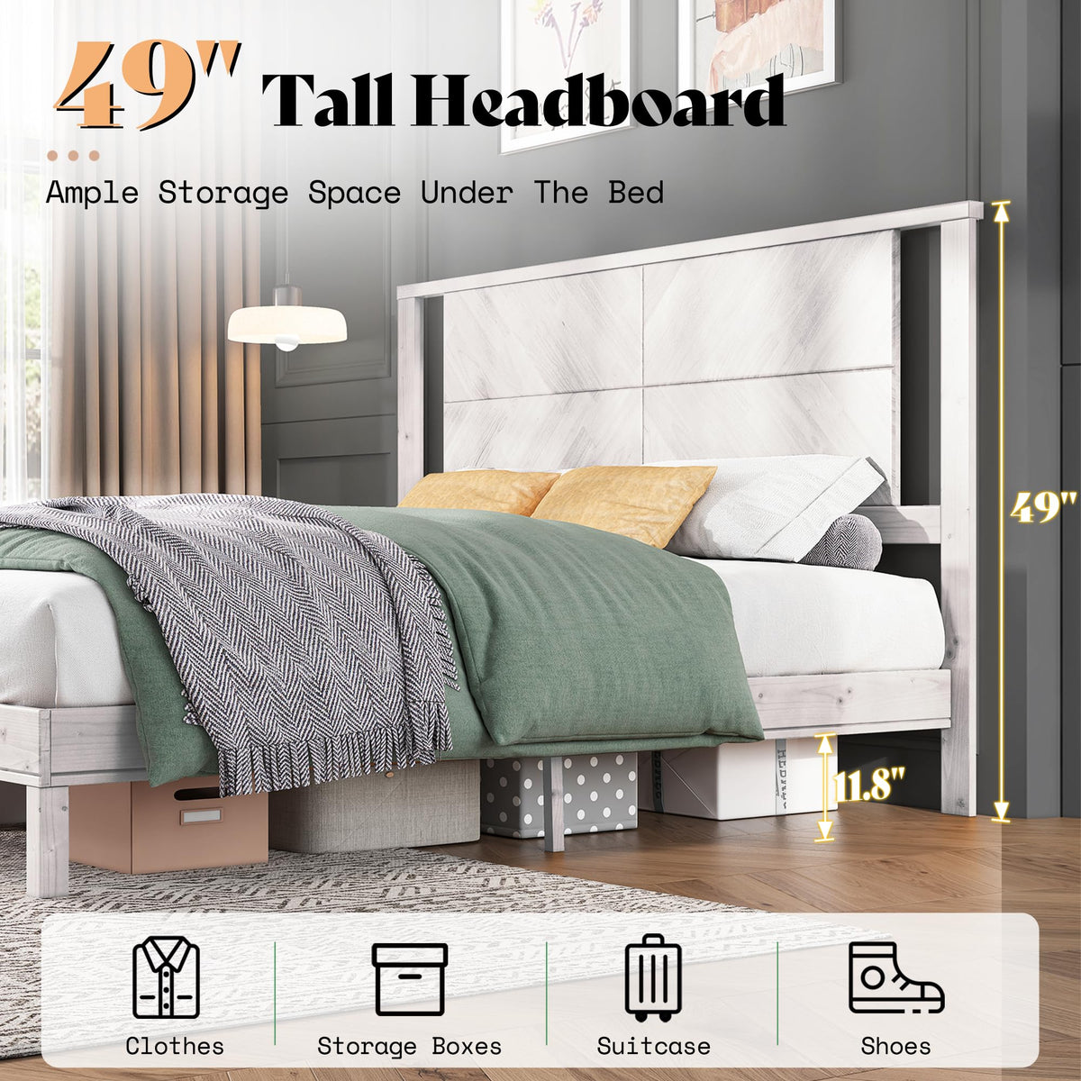 Modern Solid Wood Bed Frame with Headboard, Rustic White