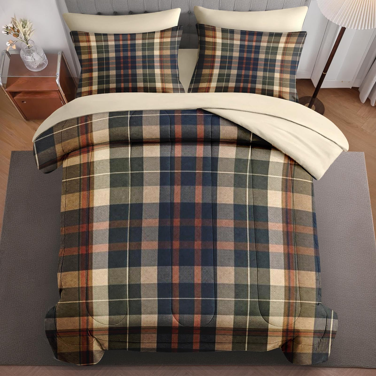 Comforter Set, 5 Pieces Plaid Tartan Bedding Set