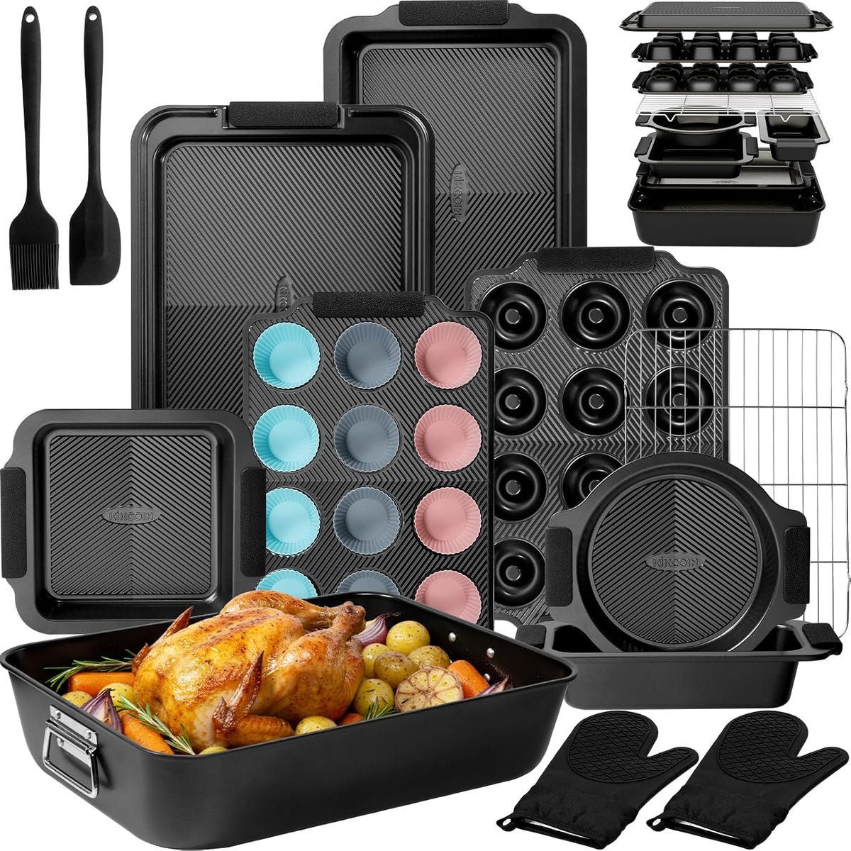 25 PCS Stackable Pans Set, Non-stick Bakeware Sets with Silicone Handles, 450°F Oven Safe Cookie Sheets for , Easy