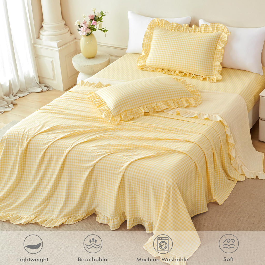 3Pcs Yellow Plaid Ruffled Bed Sheet Set with 1 Pillowcase