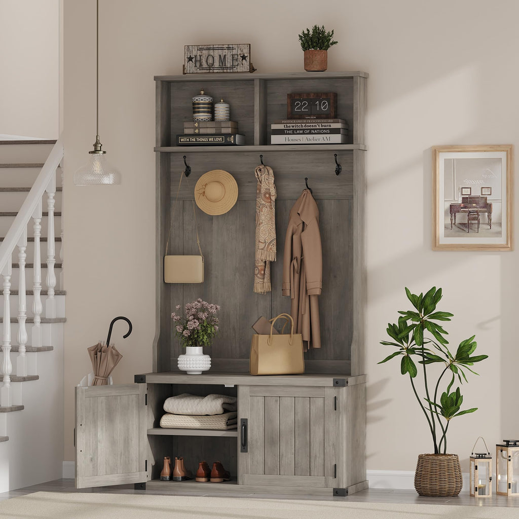 Farmhouse Hall Tree, Entryway Coat Rack with Closed Shoe Cabinet