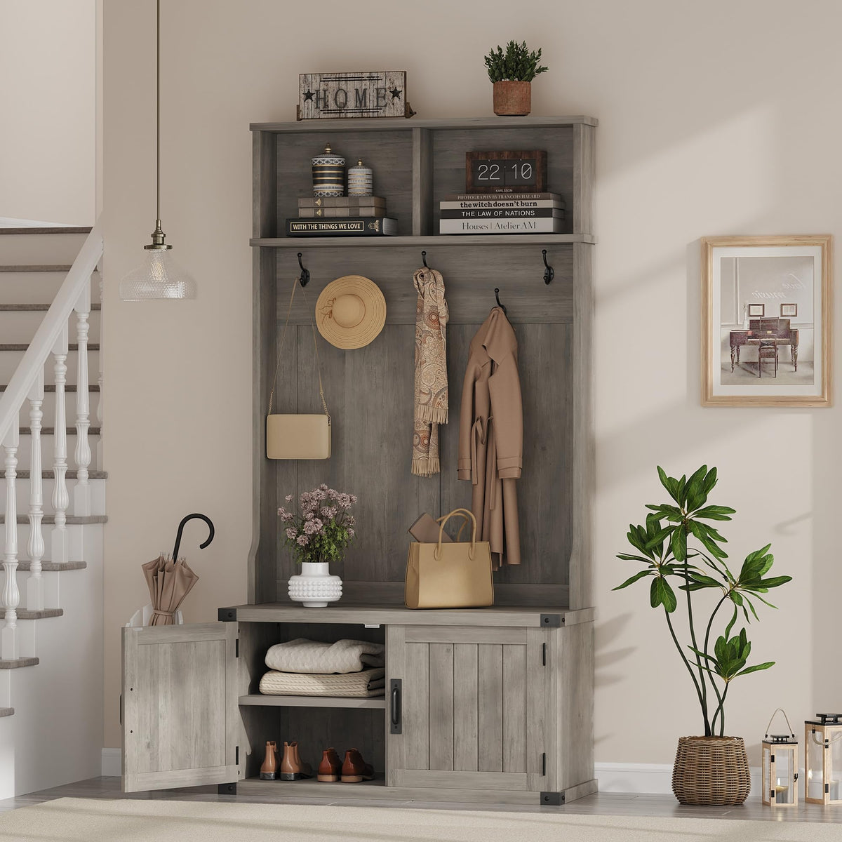 Farmhouse Hall Tree, Entryway Coat Rack with Closed Shoe Cabinet