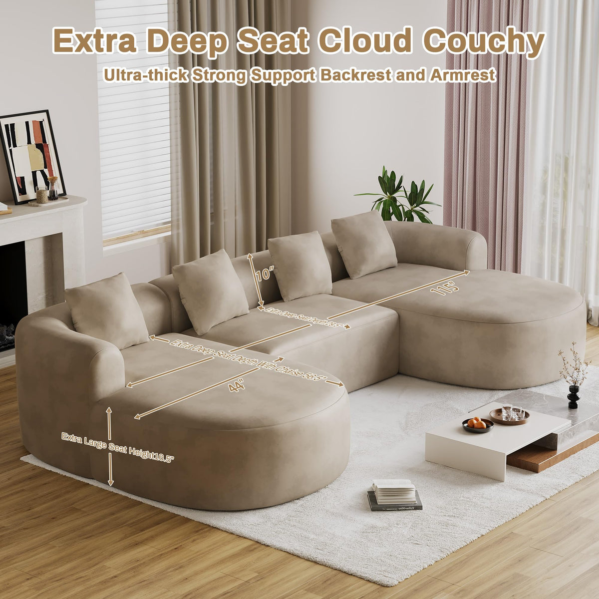 136"Oversized Luxury Modern Tight Sofa, Curved Back, Light Brown