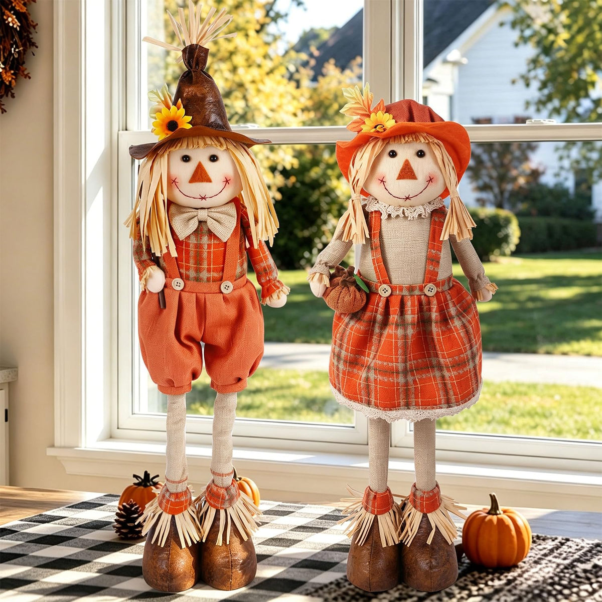 2 Pack Fall Decorations Standing Scarecrows with Stretchable Legs