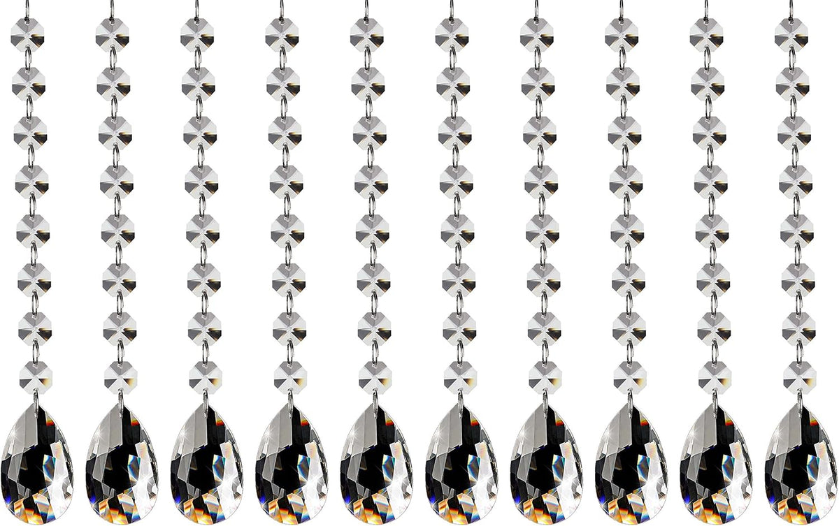 10Pcs 1ft Teardrop Crystal Strands, Hanging Beads Chain Garland, Chandelier Pendants Parts Glass Beads (50mm, Clear)