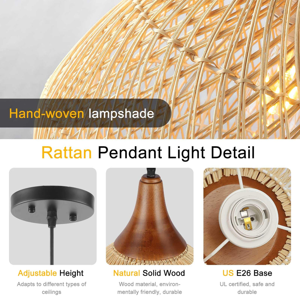 20" Large Rattan Pendant Light, Rattan Chandelier Hand-Woven Boho Pendant Light Fixtures with Solid Wood, Basket