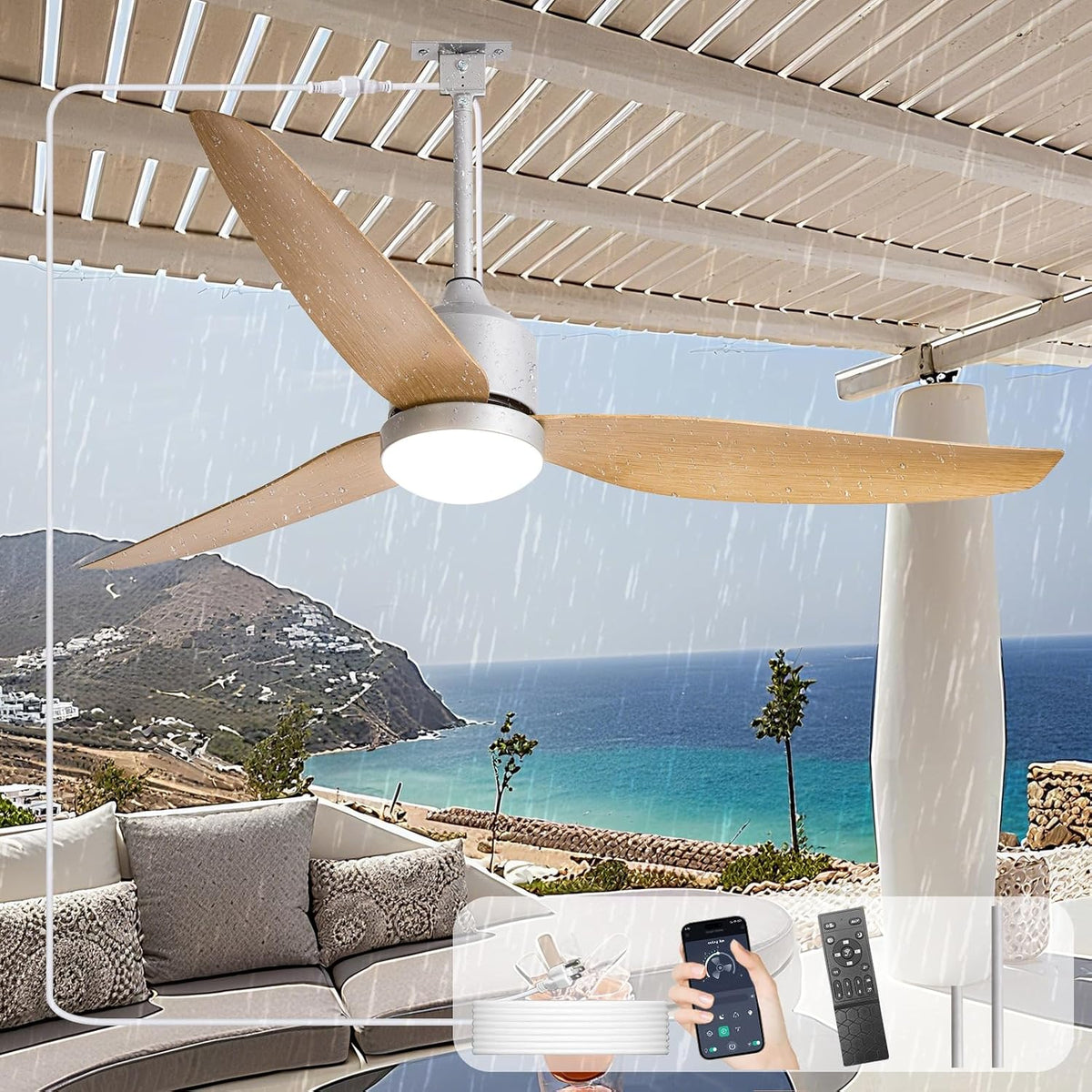 52 Inch Nickel Waterproof Gazebo Fans with Lights Outdoor Hanging - Plug in Remote App Control for Patio Indoor Farmhouse Porch - 6 Speed Reversible DC Motor