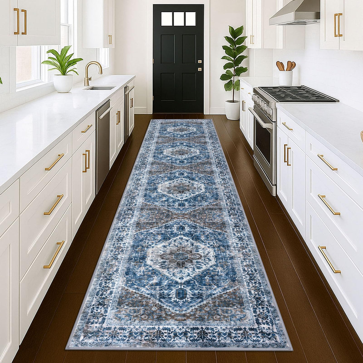 Runners s 3x12 Ft Thin Long Washable Kitchen Runner Non Slip Runners Rug Indoor Blue Printed Faux Wool Stair Runner