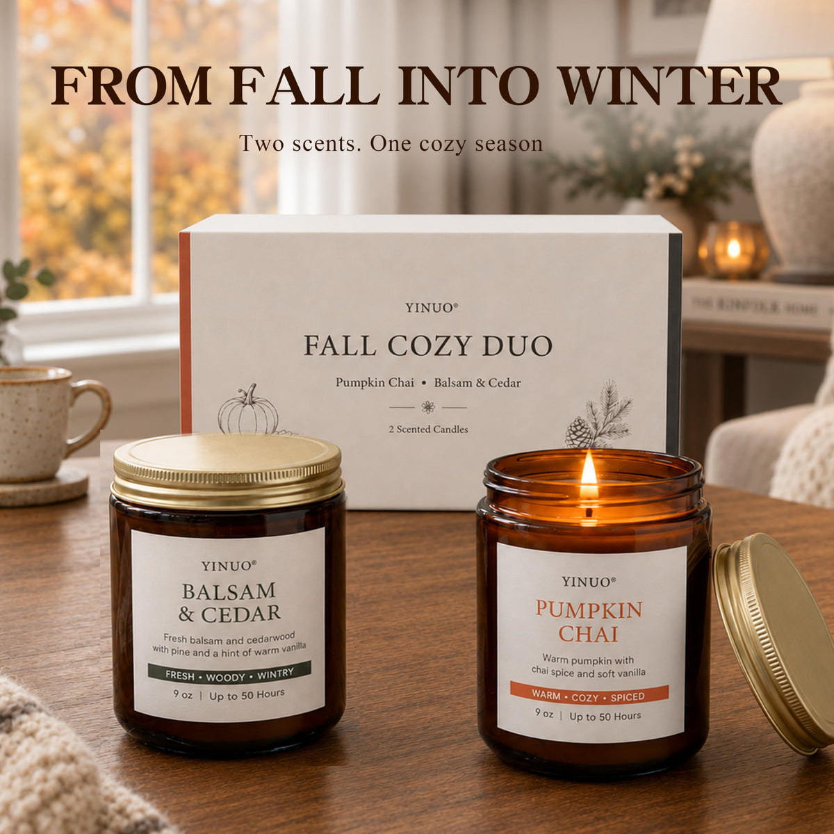 Fall Scented Candles Gift Set - 2 Pack 9oz Pumpkin Chai & Balsam Cedar