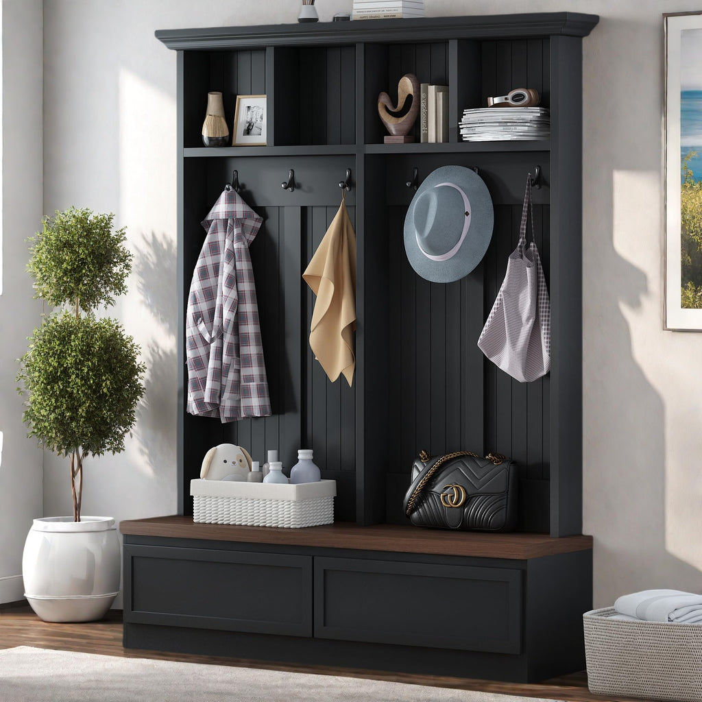 Farmhouse Wood Hall Tree with Bench and Storage Drawers, 4-in-1 Coat Rack with 6 Hooks for Entrance, Hallway Black