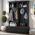 Farmhouse Wood Hall Tree with Bench and Storage Drawers, 4-in-1 Coat Rack with 6 Hooks for Entrance, Hallway Black