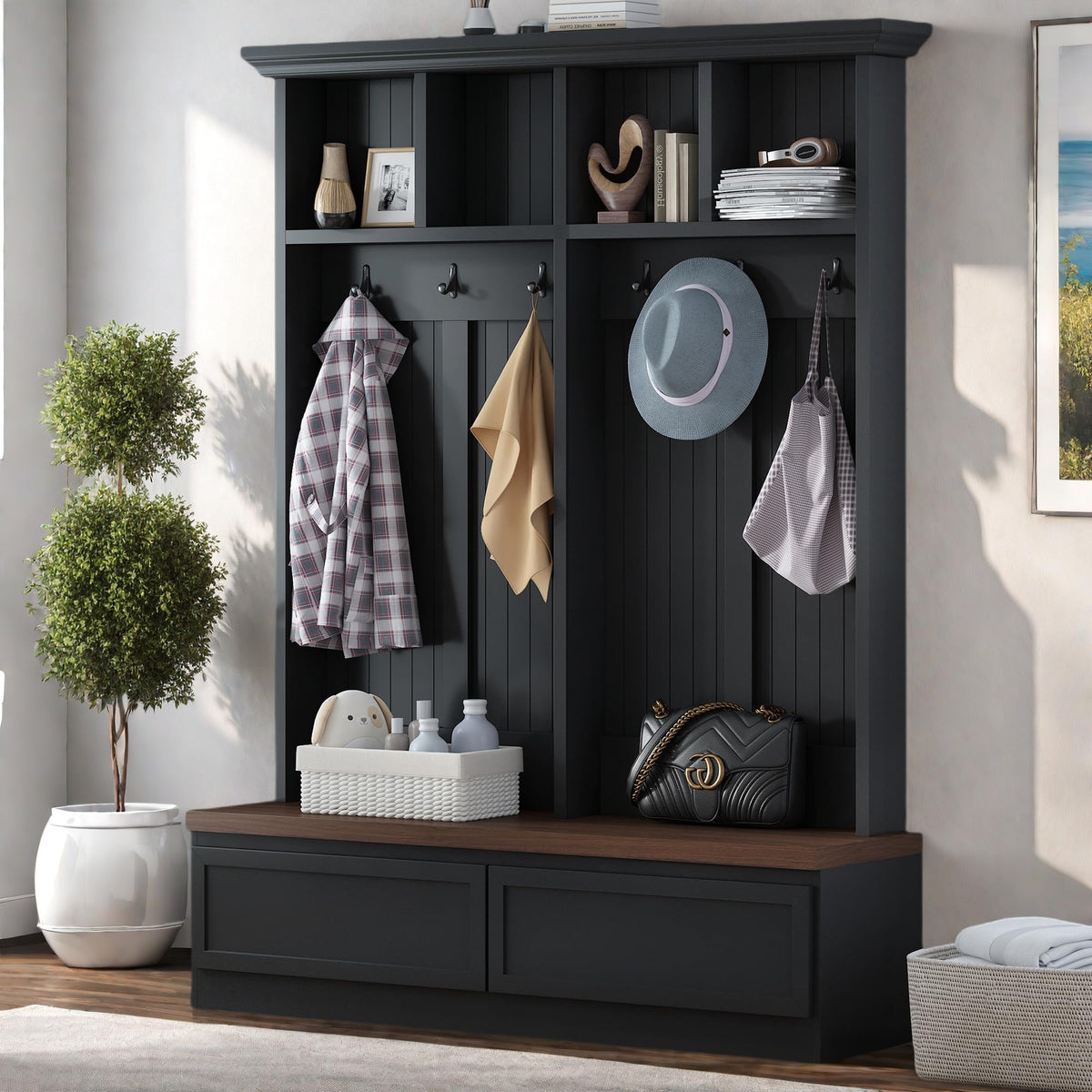 Farmhouse Wood Hall Tree with Bench and Storage Drawers, 4-in-1 Coat Rack with 6 Hooks for Entrance, Hallway Black