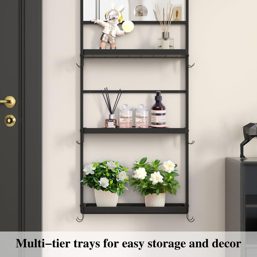45" X 16" Black Wall Mirror with Shelf and Hooks, Rectangle Mirror for Wall, 3 Trays and 12 Removable Hooks
