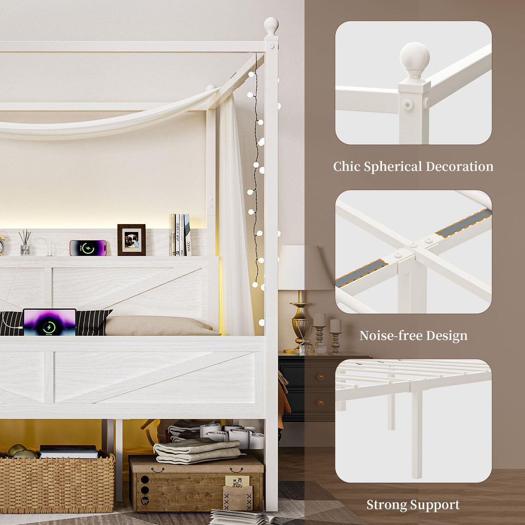 Canopy Bed Frame with Barn Door Storage Headboard, Beige