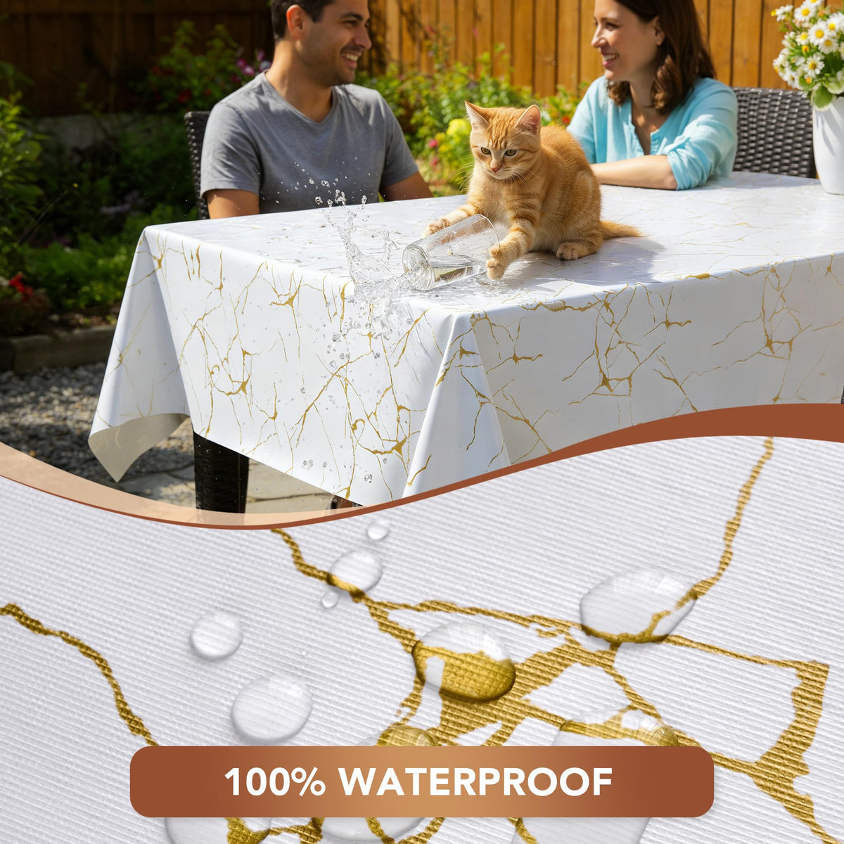100% Waterproof Vinyl Tablecloth 54x78 Inch Rectangle, White Marble