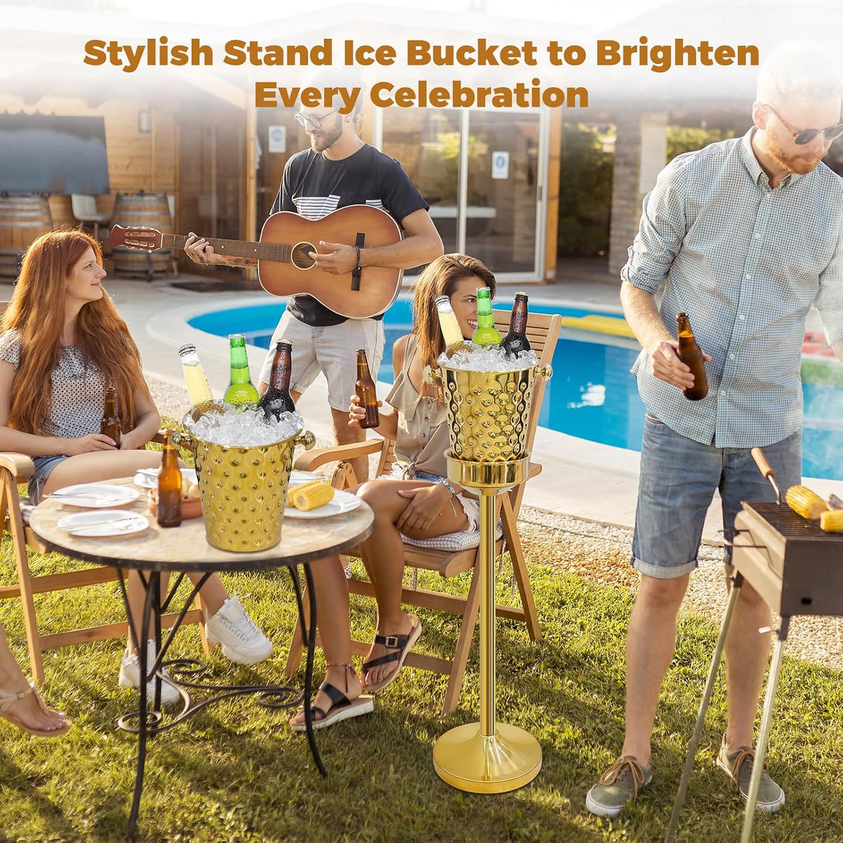 Gold Champagne Bucket with Stand, 5L Ice Bucket Wine Chiller, Stainless Steel Wine Bucket for Wedding BBQ Party Home