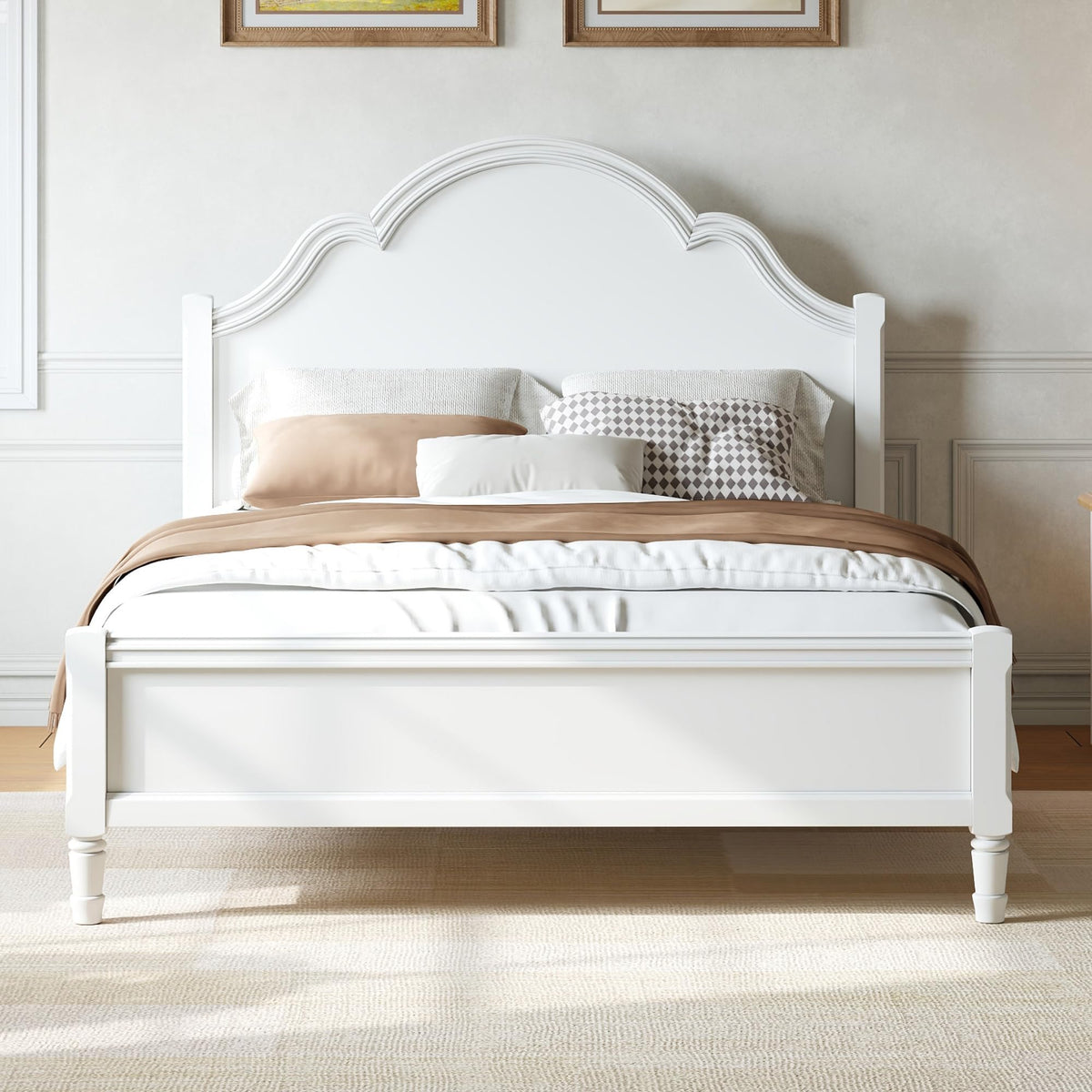 Vintage Bed Frame with Arched Headboard, White Wood Bedframe