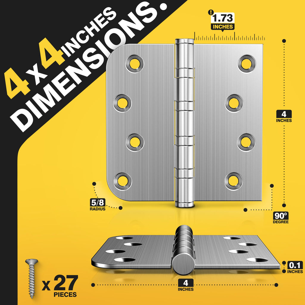 Ball Bearing Door Hinges, 4 x 4 Inches Door Hinges, Square and 5/8'' Radius Corner, Heavy Duty Stainless Steel