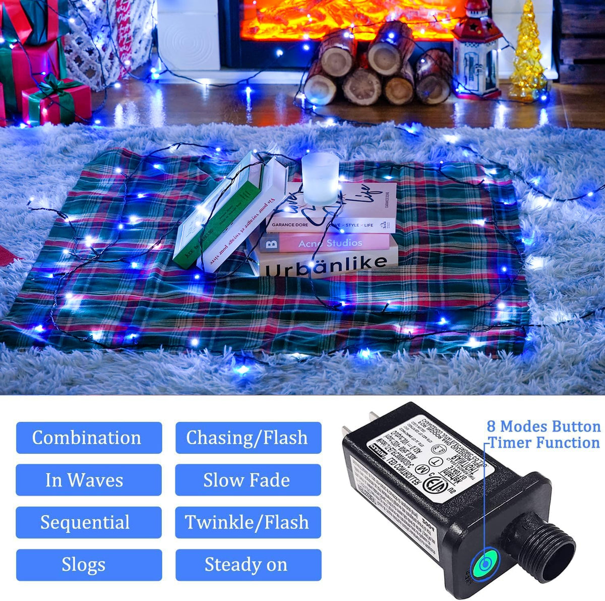 66ft 200 LED Blue and White Christmas Lights, String Light Plug in
