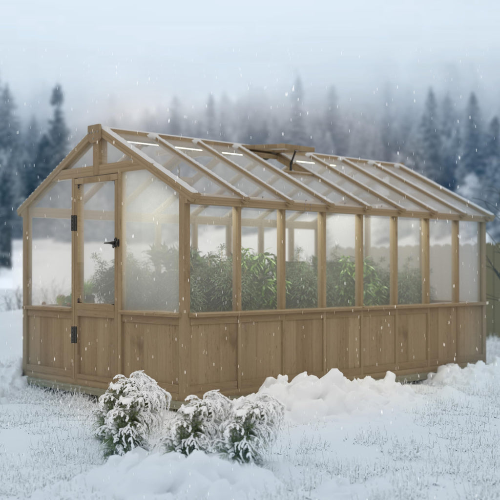 8 x 16 FT Wooden Greenhouse for Outdoor, Heavy Duty Greenhouse Kit with Vent Window and Lockable Door, Walk-in Green