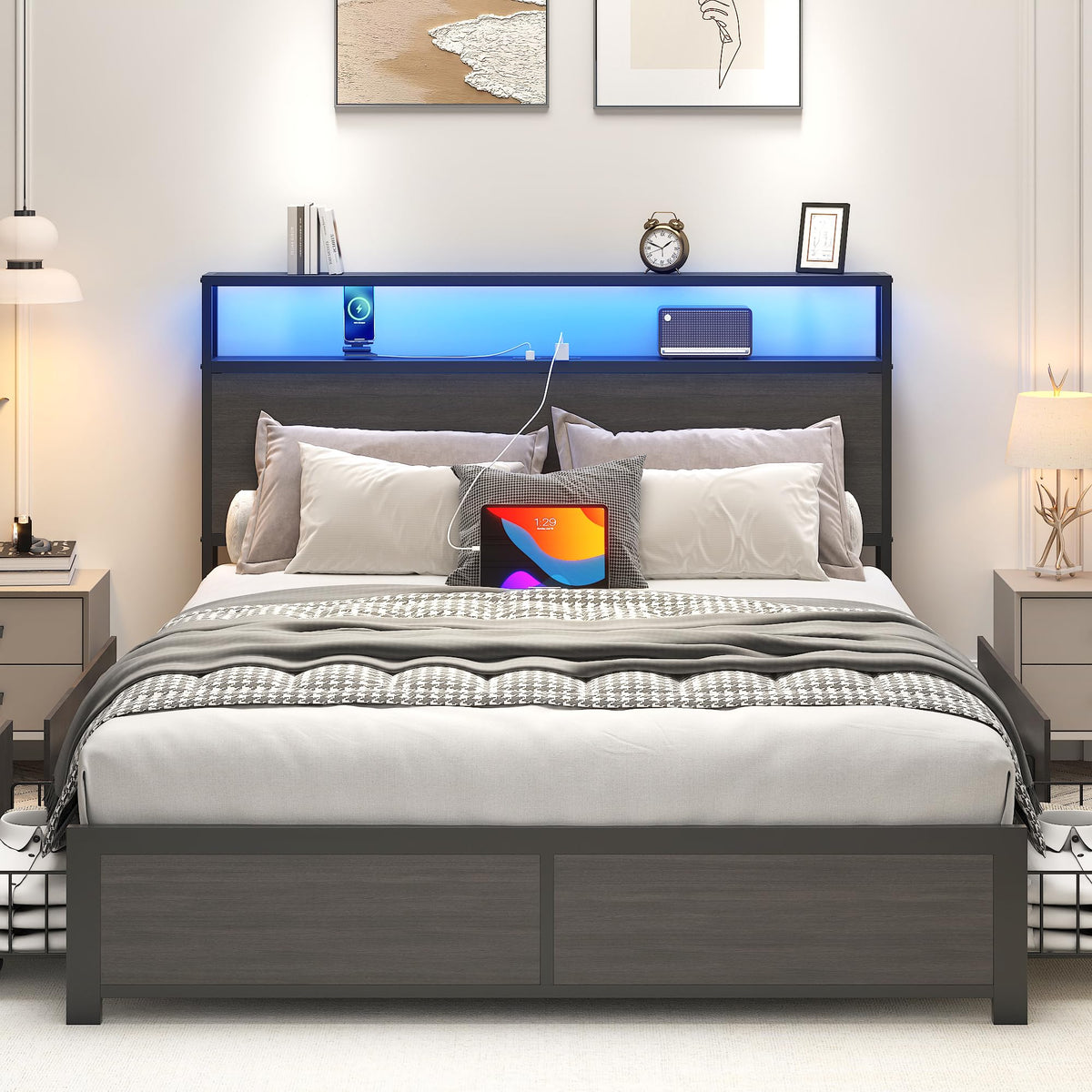 Bed Frame with 2-Tier Storage Headboard, Metal Platform Bed Frame with 4 Storage Drawers, Built in Charging