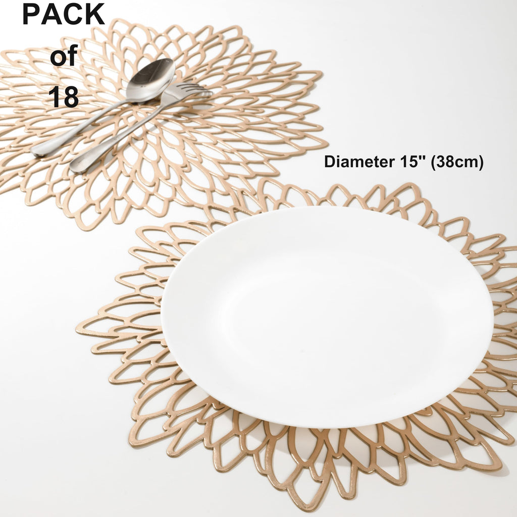 Pack of 18 Gold Placemats Metallic Round Leaf Bulk Pressed Vinyl Dinning Kitchen Table Charger Mats Decorations for