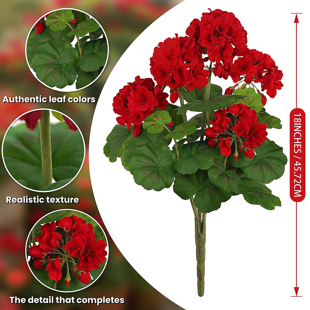 18"Artificial Geraniums for Outdoors, 2-Pack Red Silk Flowers