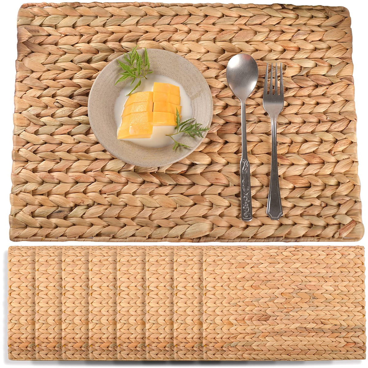 Water Hyacinth Rectangular Placemats Set of 8, 17 x 12 Inch Woven Rattan Table Mats for Dining Table, Heat Resistant