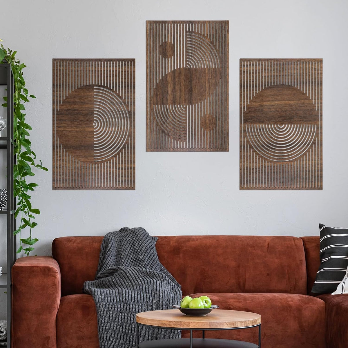 Mid Century Modern Wood Wall Art Decorations 3D Geometric Abstract Wall Sculpture Bedroom Office Minimalist - Set of 3