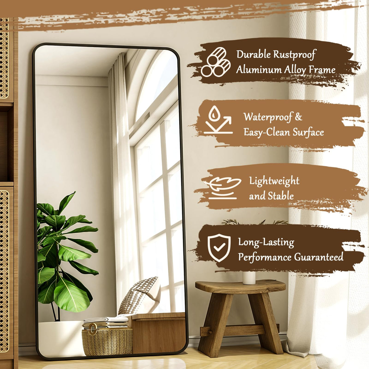 76"x34" Floor Full Length Mirror Standing Full Body Rounded Corner Rectangle Mirrors with Stand Hanging Wall Mounted
