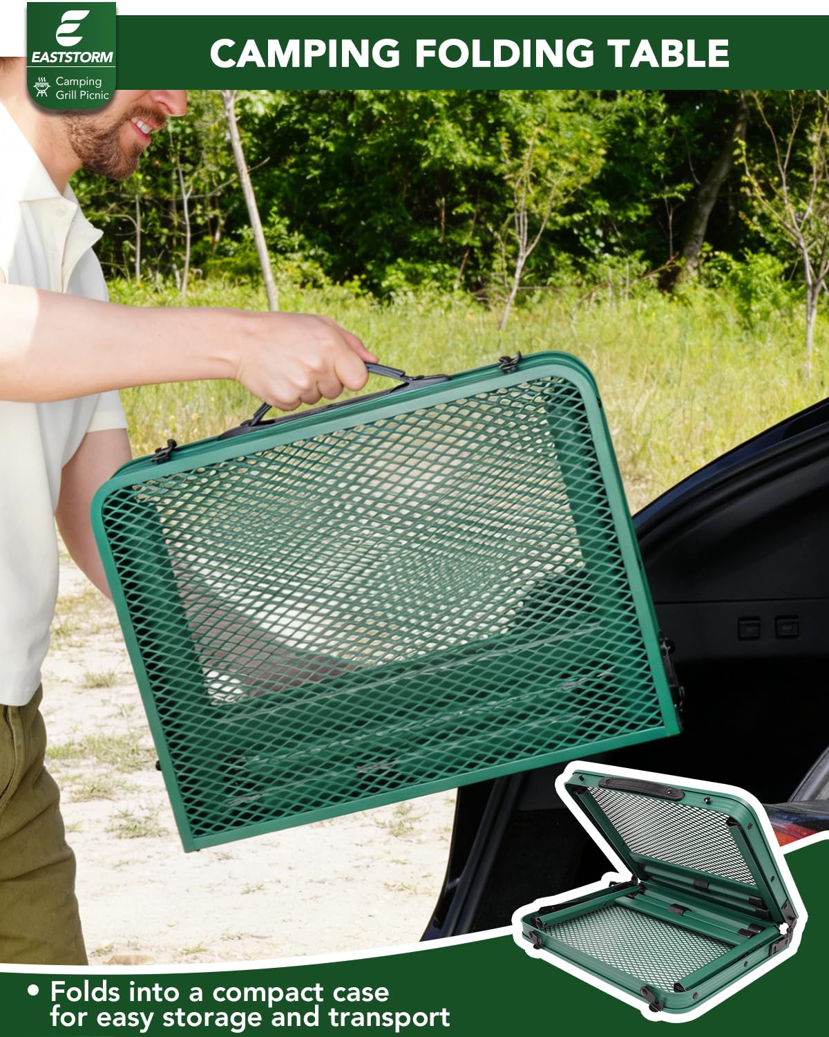 Small 2ft Folding Table with Carry Handle, Adjustable Height 10.6" or 22", Green Metal Mesh, Portable & Compact
