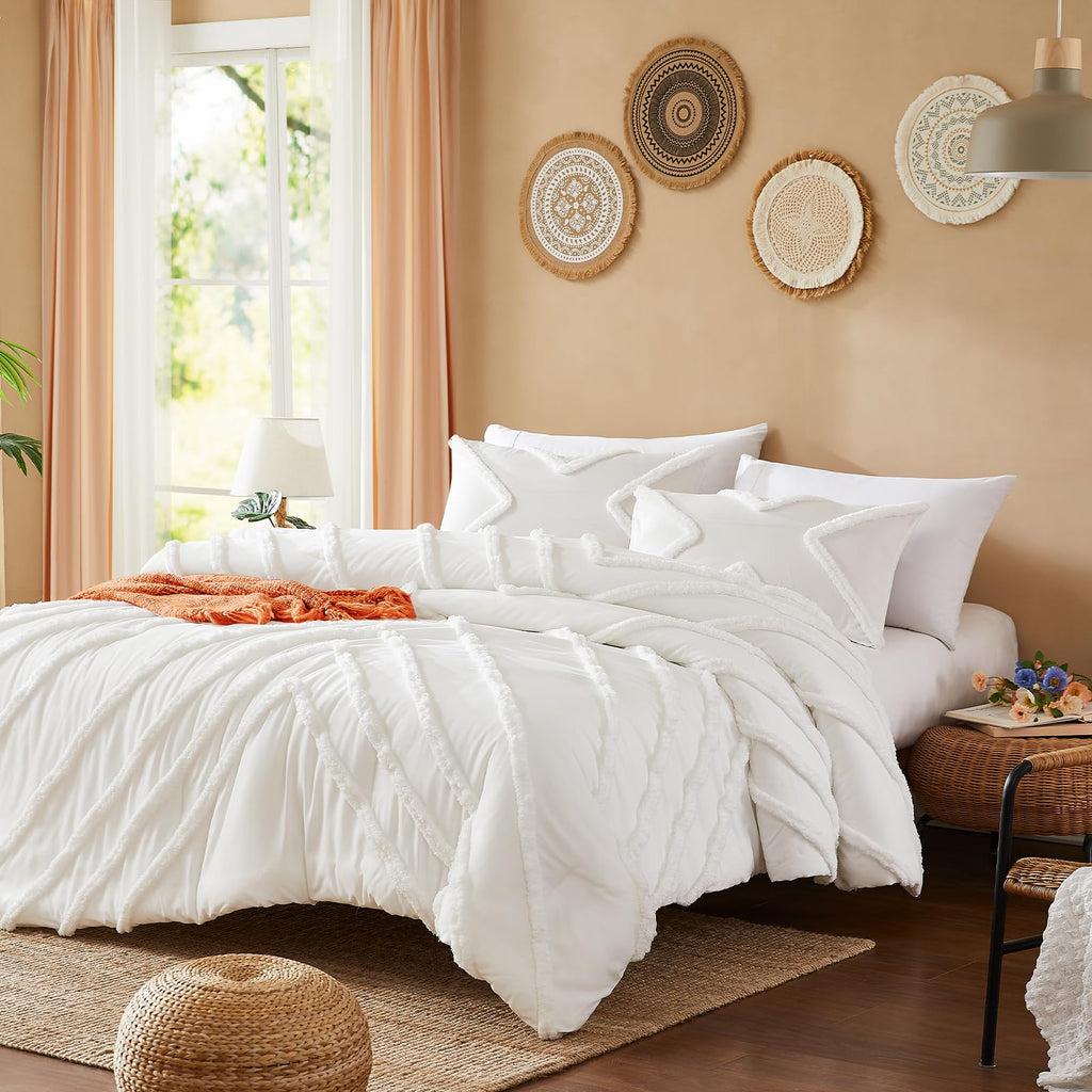 Queen Comforter Set Ivory Tufted Comforters Sets Bedding for Queen Bed 3PCS Boho Comforter Soft Fluffy Lightweight