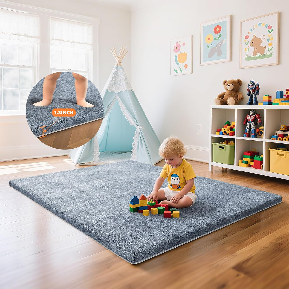 Baby Play Mat for Floor, 1.3" Thick Foam 47x47 Inch Playpen Mats Grey