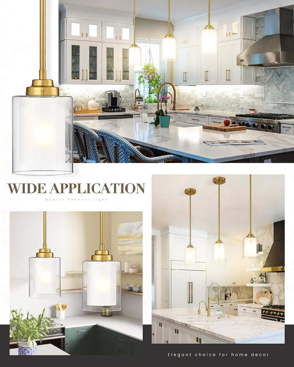 Modern Pendant Light, Brushed Gold Modern Pendant Light for Kitchen Island, Hanging Ceiling Light Fixture, Farmhouse