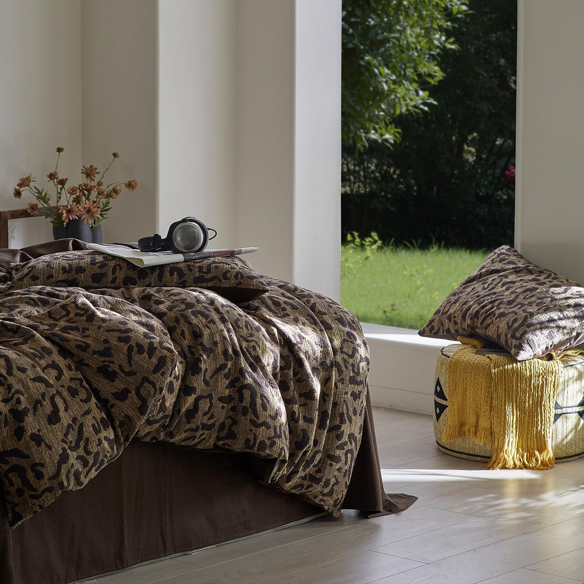 Leopard Print Duvet Cover Queen Golden and Brown Floral Bedding Set Animal Cheetah Jacquard Pattern Muslin Yarn-Dyed