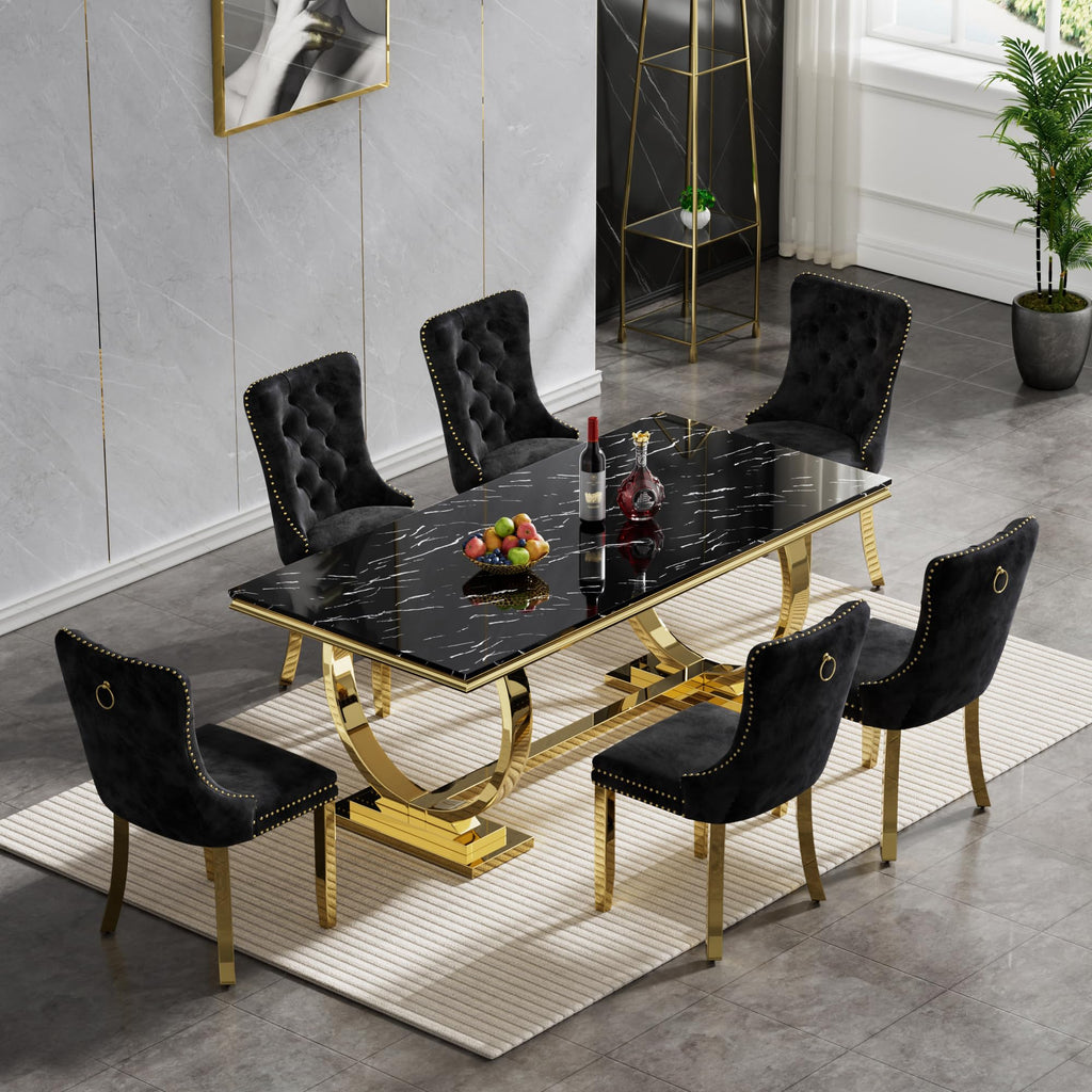 Inspired Saarinen Style 68" Black Marble Dining Table for 6 to 8 Person, Large Rectangular Faux Marble Tabletop & Gold O Shape Pedestal Base