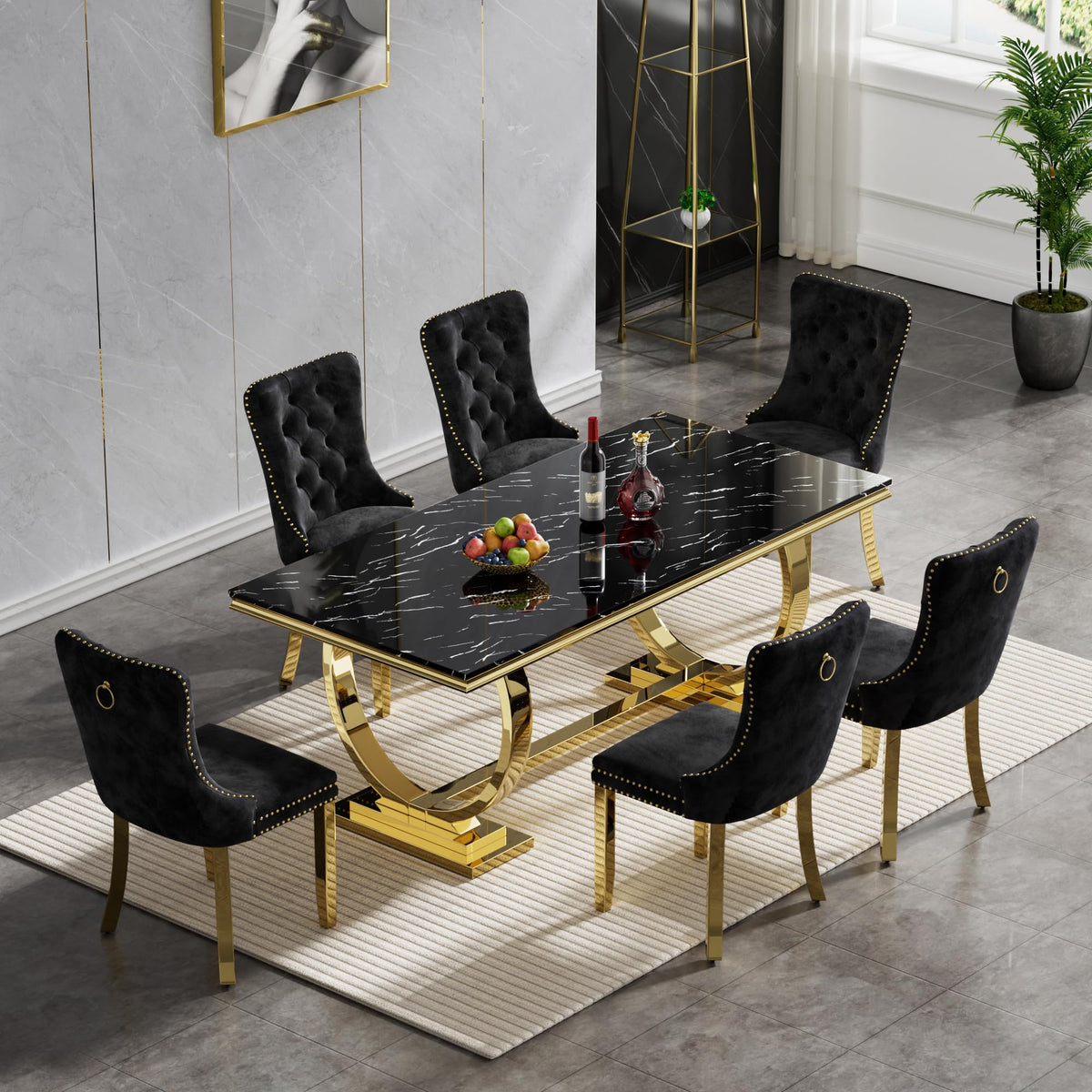 Inspired Saarinen Style 68" Black Marble Dining Table for 6 to 8 Person, Large Rectangular Faux Marble Tabletop & Gold O Shape Pedestal Base